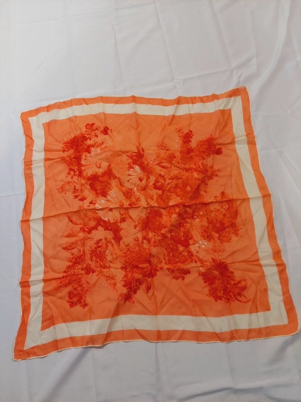 Orange Cream Scarf Square Floral 31" Rolled Hem
